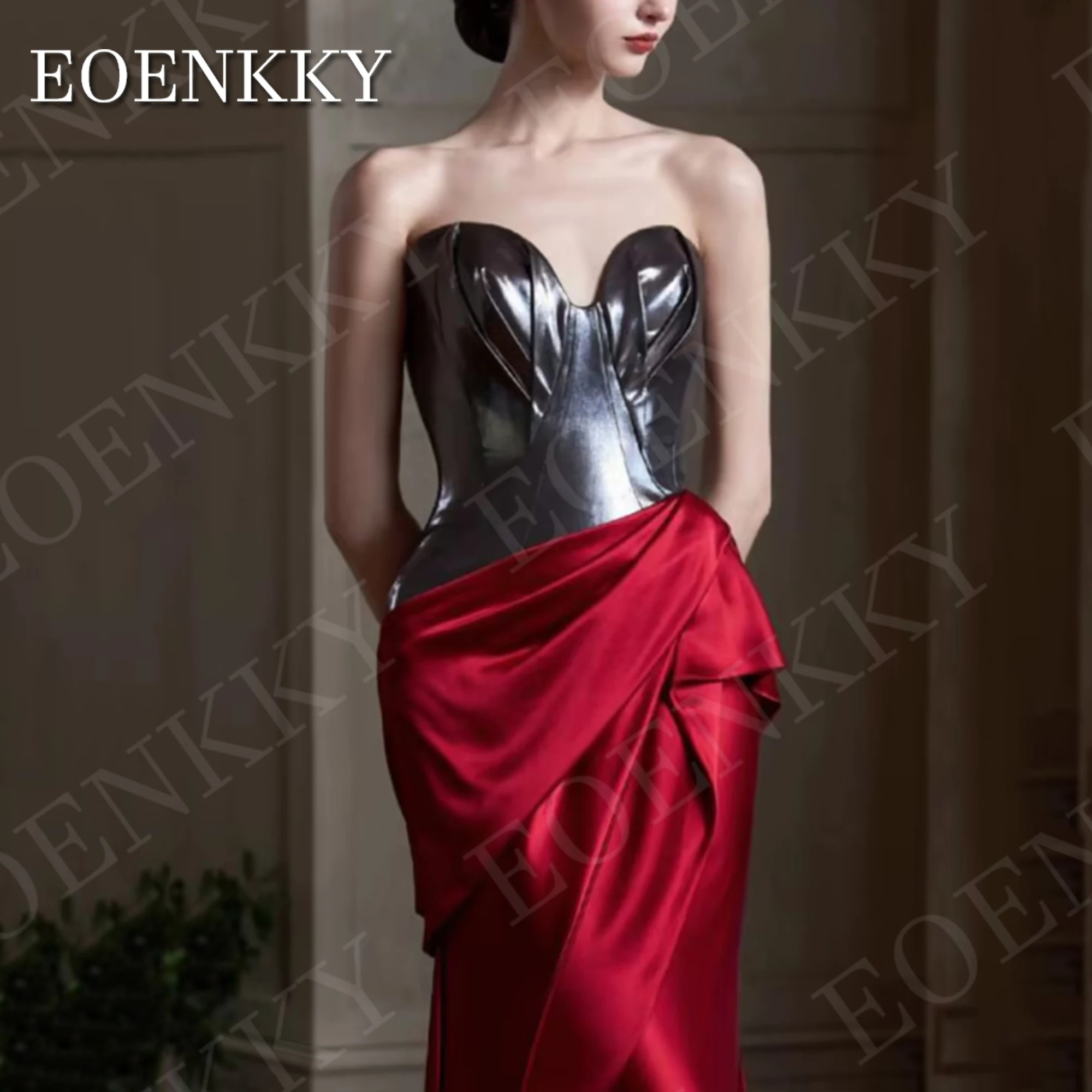 EOENKKY Simple Evening Dresses for Women Sweetheart Strapless Mermaid Formal Party Dress Sleeveless Satin vestidos de fiesta