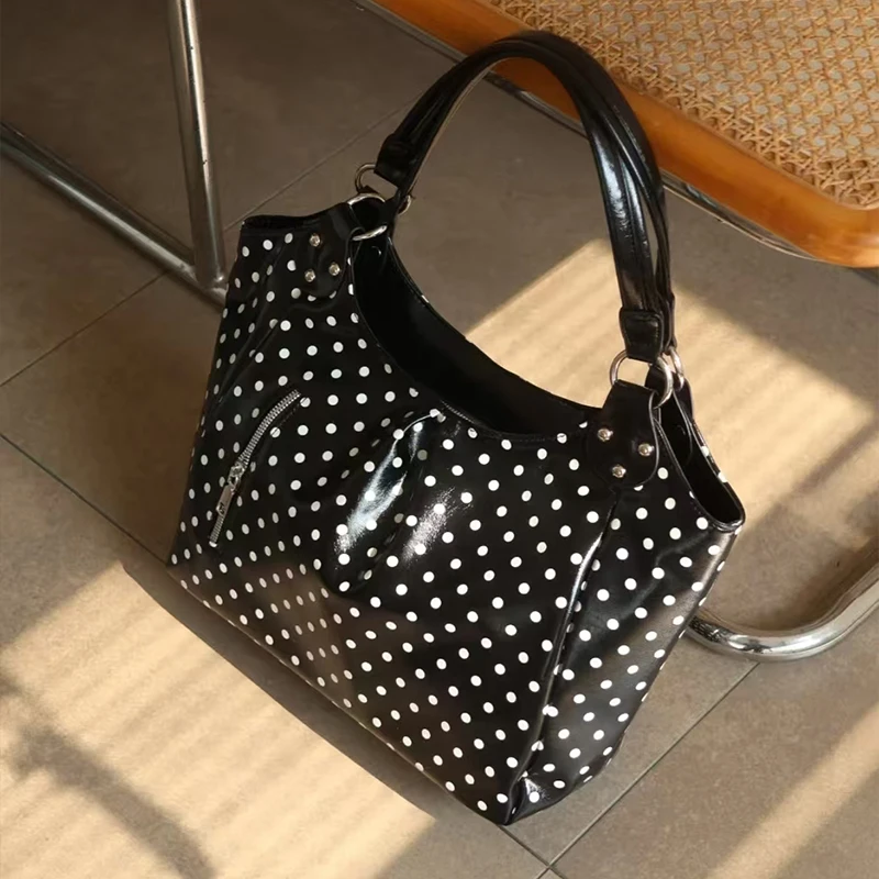 

Y2k Patent Leather Rivet Work Shoulder Bag, Vintage Polka Dot Shopping Underarm Purse, Dual Hidden Zipper Large Travel Tote
