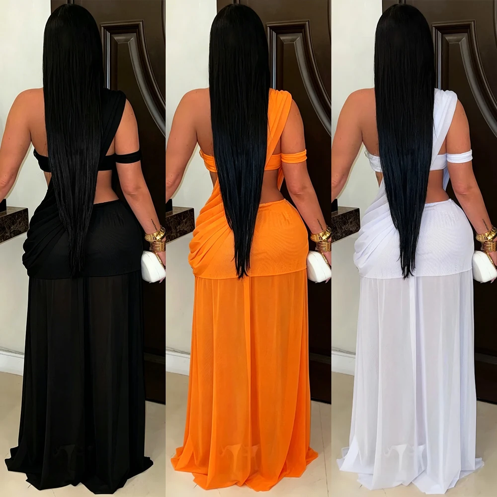 NEW Summer Bra Top and Long Skirt Two Piece Matching Ruched Party Dress for Women Clubwear Night Sexy Mesh Sheer Club Dresses view 2