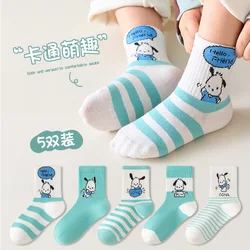 5 Pairs Sanrio Kids Socks Pochacco Kawaii New Fall Winter Cartoon Boy Children Mid-calf Socks Cotton Sock for Girls Gifts