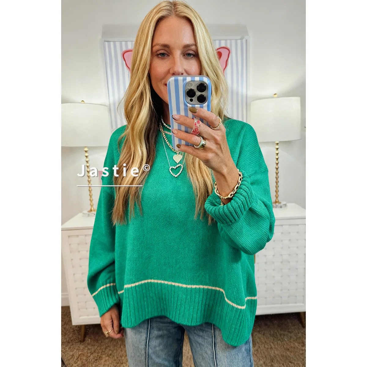 

Women's Bright Green Oversized Sweater Long-Sleeve Crew Neck Knit Pullover With Contrast Stripe Casual Loose-Fit Soft Knit Tops
