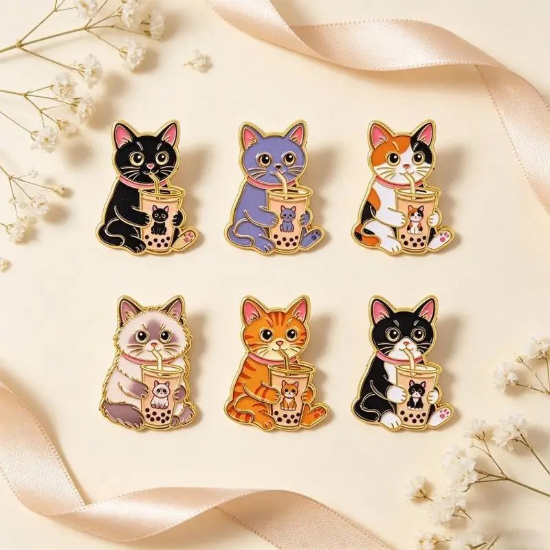 1/6Pcs Cartoon Animal Drink Milk‑Tea Metal Lapel Brooch Badge Cute Tea Cat Enamel Pins Backpack Jacket Decor Gift