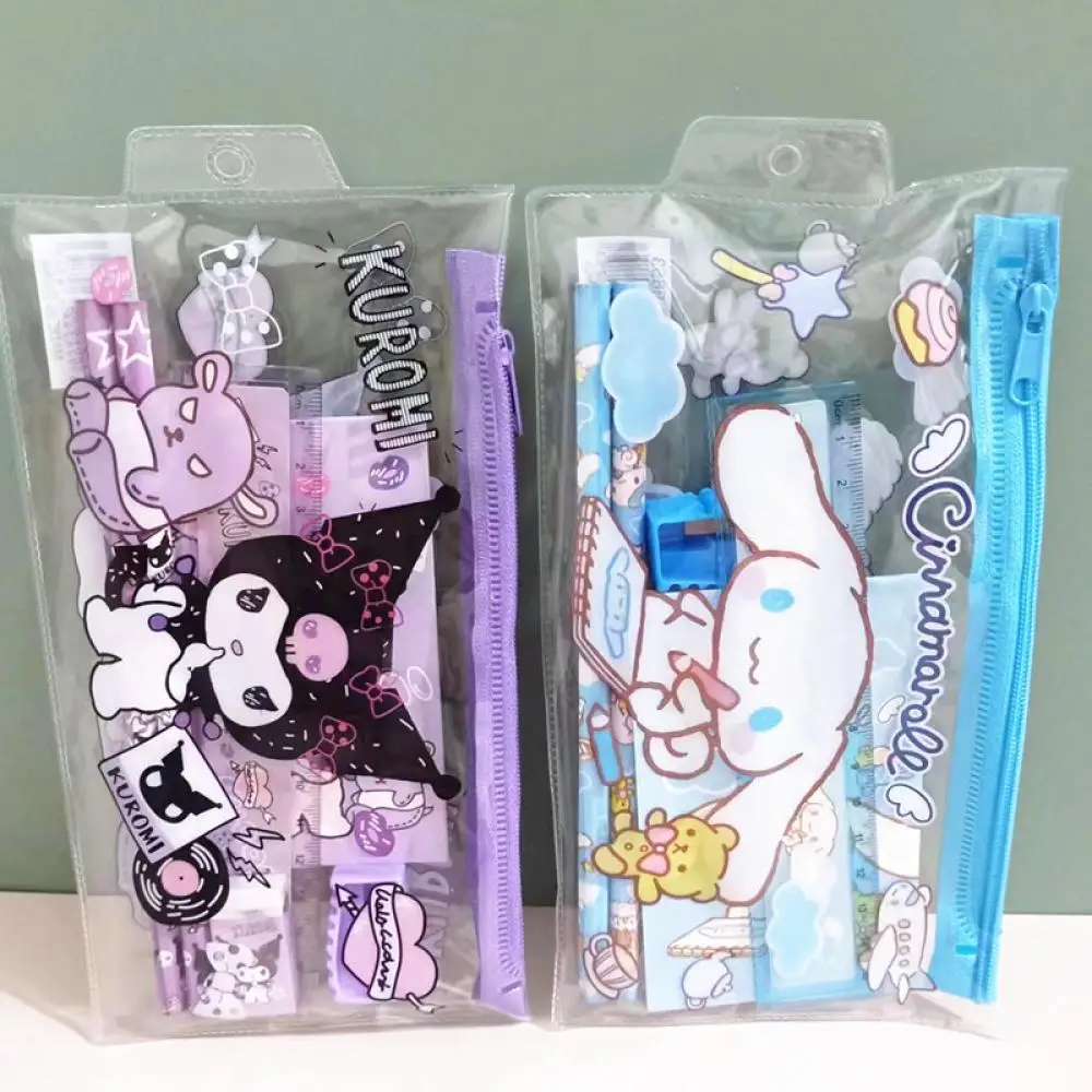 Juego de papelería de Anime Sanrio Melody Kuromi, Cinnamoroll, borrador de lápiz de dibujos animados, regla, bolsa de bolígrafo, juego de