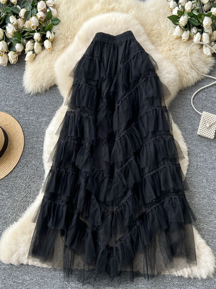 

Faionable Heavy Embellied Lace Patchwork Asymmetrical Tulle f Skirt Women's Spring Autumn Fairylike Puffy Skirt