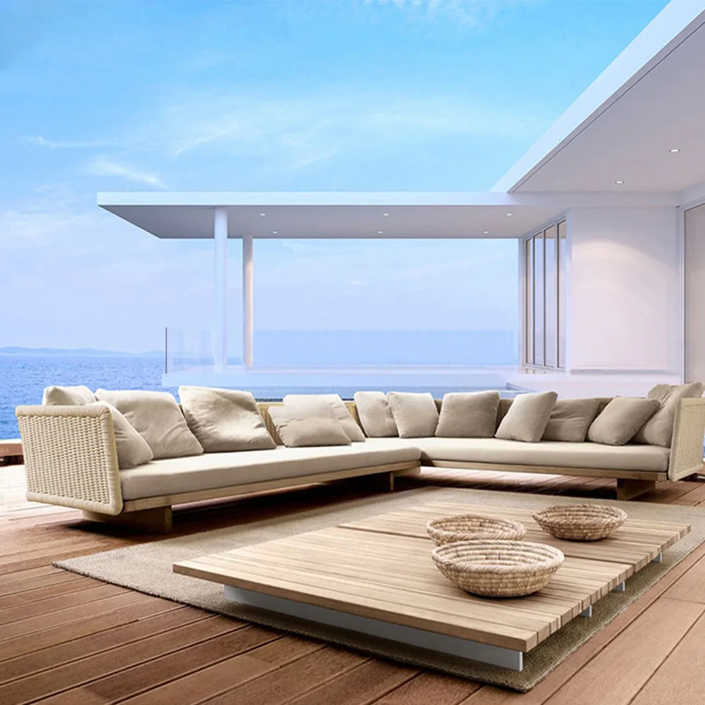 

Nordic outdoor teak rattan sofa combination outdoor courtyard garden terrace leisure waterproof sunscreen rattan chair sofa