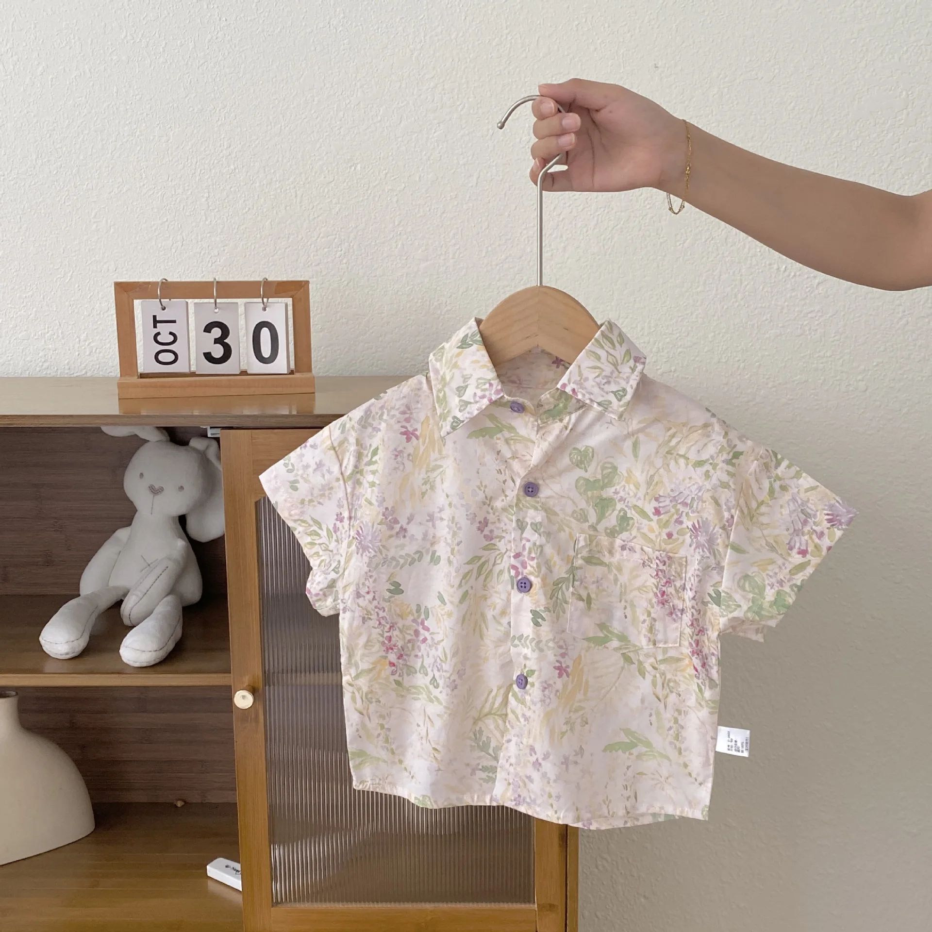 

2-6Y Summer Pastorale Style Kids Shirt Floral Print Short Sleeve Button Down Blouse for Boys Soft Cotton Casual Shirt