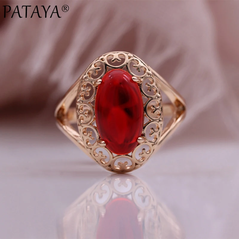 PATAYA New Oval Red Natural Zircon Earrings Ring Set 585 Rose Gold Color Fashion Women Jewelry Creative Wedding Party Set