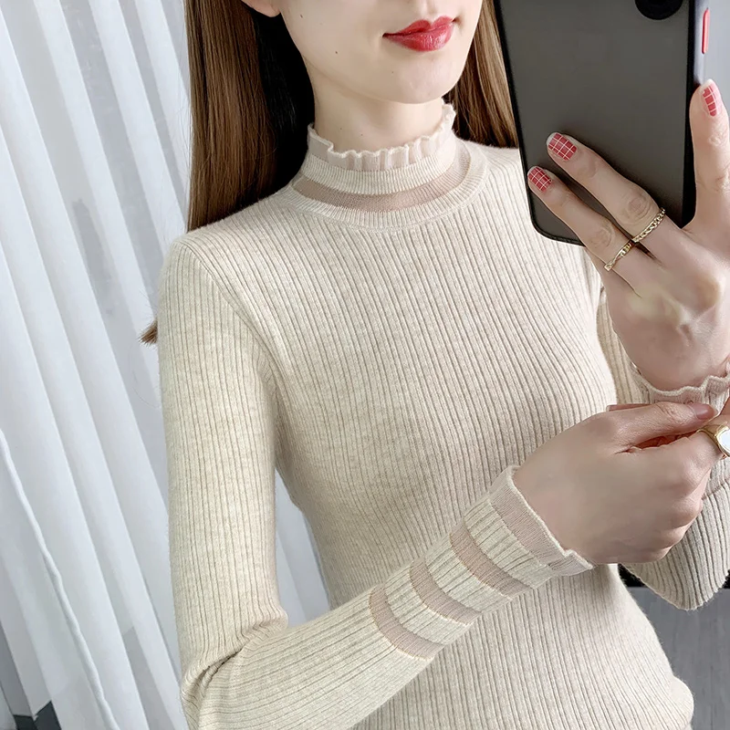 سترة نسائية محبوكة بقصة ضيقة طويلة Sve بياقة عالية لون نقي طاقم Ne بلوفر دانتيل طبقة أساسية