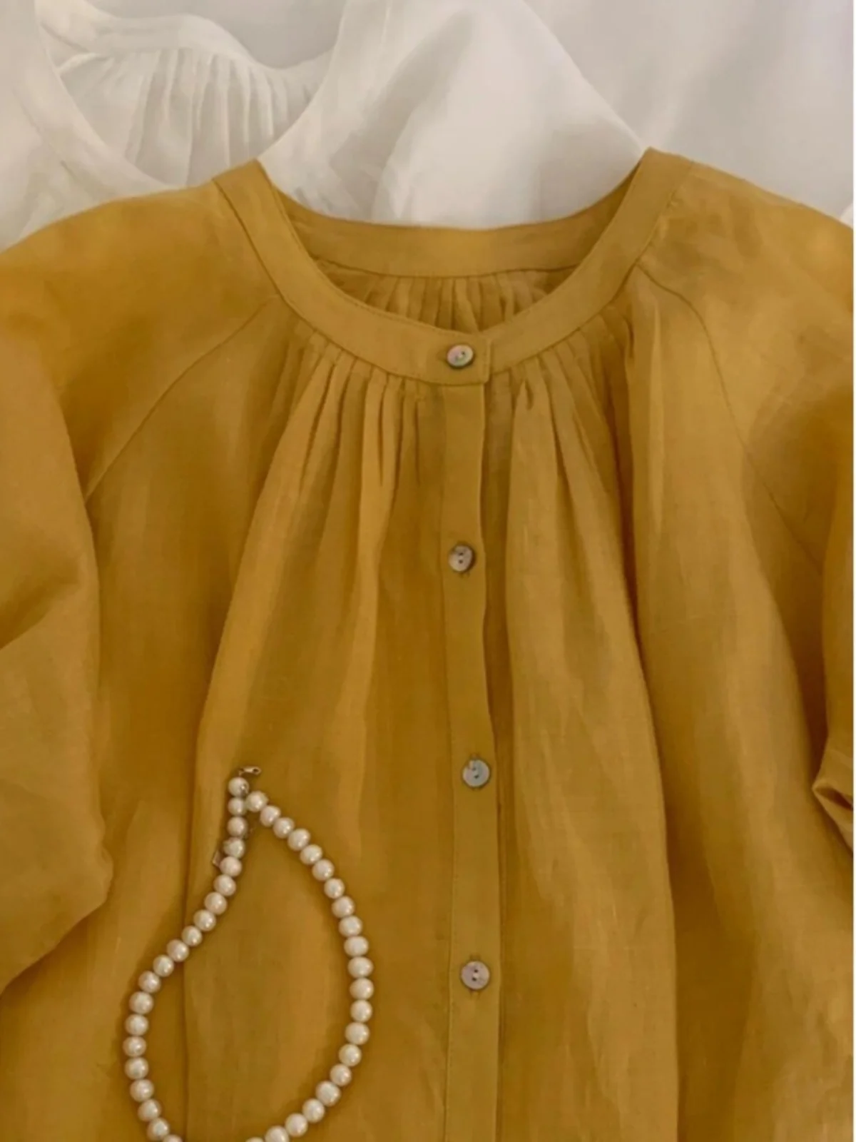 Japońska sztuka, artystyczny len, żółta bawełna, lniana, luźna, lekka, oddychająca, okrągły dekolt, krótki rękaw, damskie letnie ubranie.