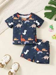 Summer Baby Boy Cute Cartoon Dinosaur Rainbow Print Casual Suit Round Neck Short Sleeve Top Elastic Waist Comfortable Pants