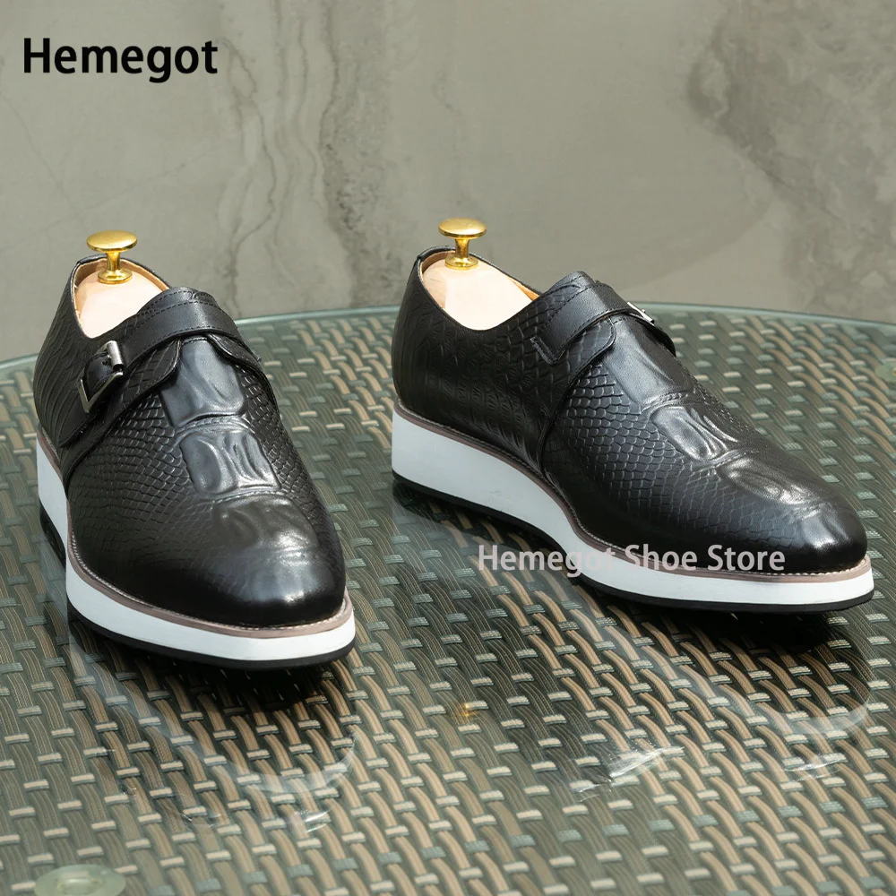 Black Alligator Print Thick Soled Casual Shoes Men's Breathable Elevated Leather Shoes Handmade Single-Buckle Men's Shoes