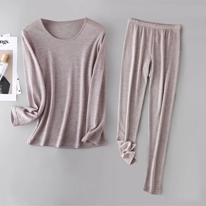 100% Wool Women Jacquard Thermal Underwear Set Round Neck Bottomed Base Layer Top And Elastic Waist Long Johns
