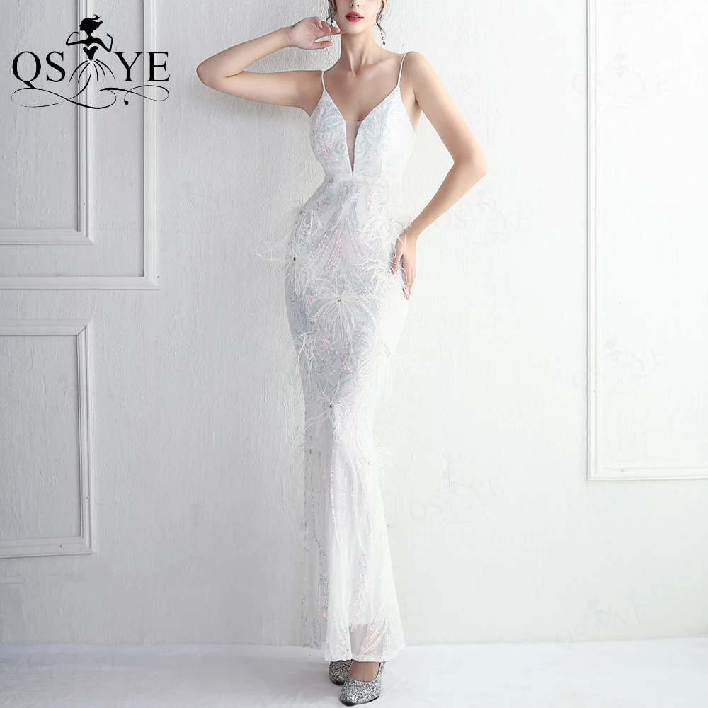 

Pattern Lace White Wedding Dresses Sparkle Sequin Bridal Gown Spaghetti Straps V neck Bride Bead Feathers Wedding Marriage Gown