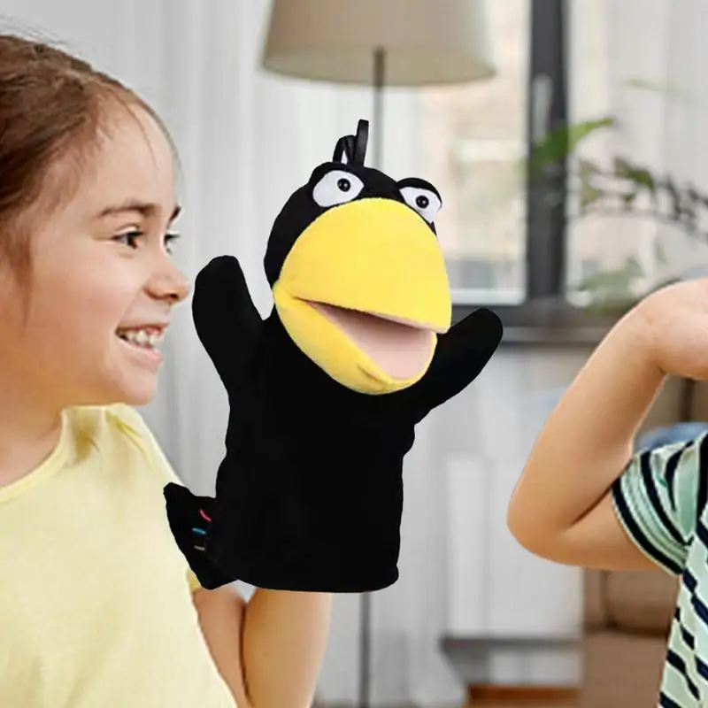 25CM Crow Hand Puppet Kids Finger Puppets with Movable Mouth Animals Dolls Interactive Puppet Toy for Toddler for Stroytelling