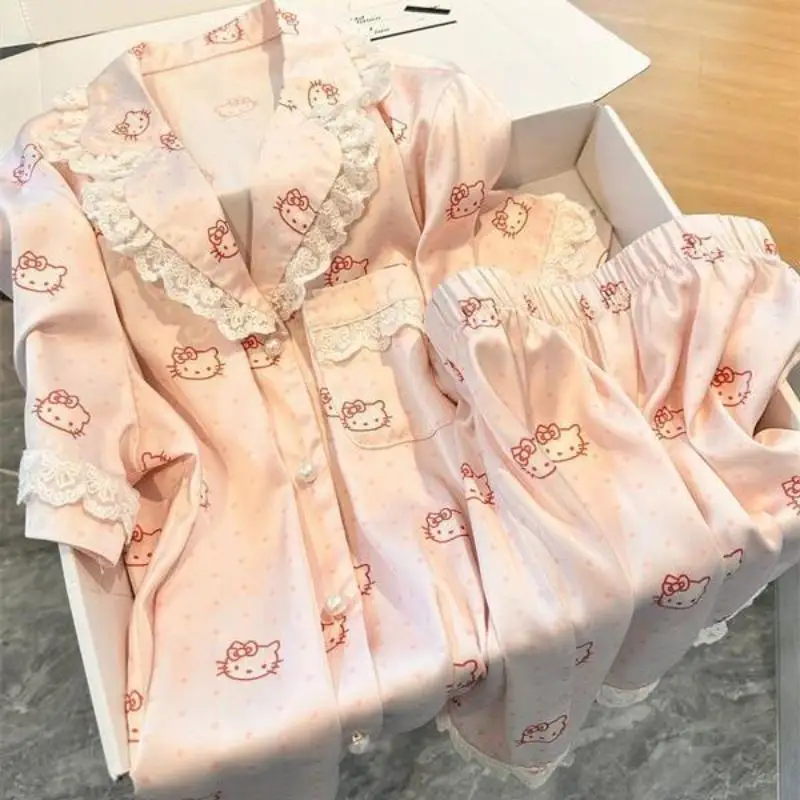 

2 шт. Sanrio Kawaii пижамы Hello Kittys милые девушки кружева ледяной шелк модные шорты шорты новый стиль повседневная студенческая домашняя одежда