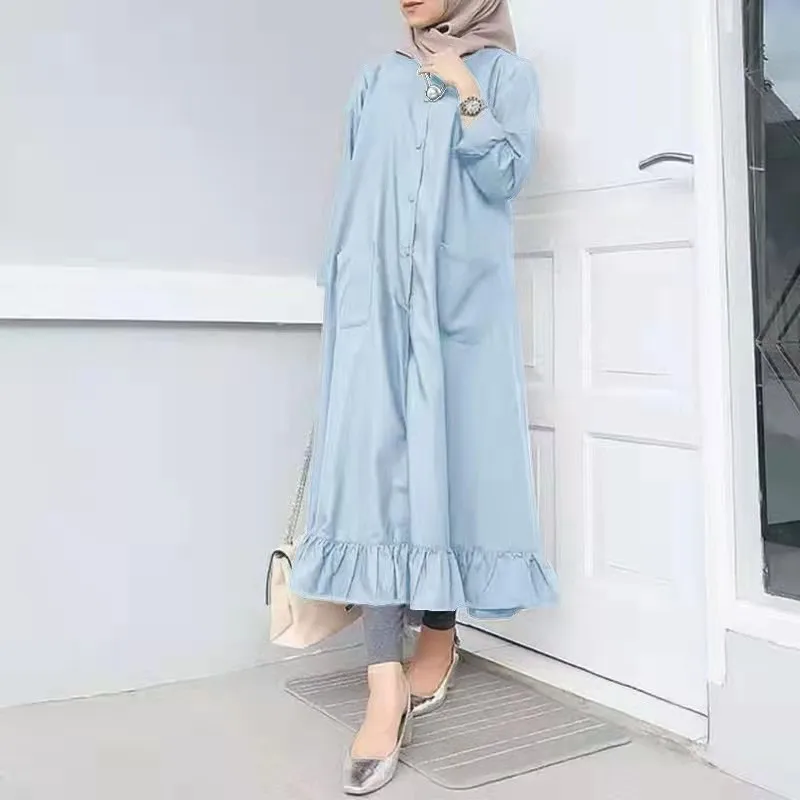 Long Sleeve Ruffled Hem Dress, Muslim Fashion, Round Neck, Button Access Pocket, Islam Gown, Large Hem, New