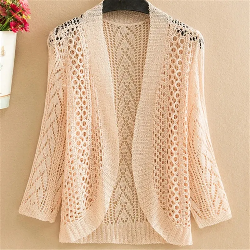 

Spring New Ice Silk Cardigan Middle-Aged Elderly Mom Solid Color Shawl Hollow Seven Points Sleeve Sunscreen Coat Female H3343