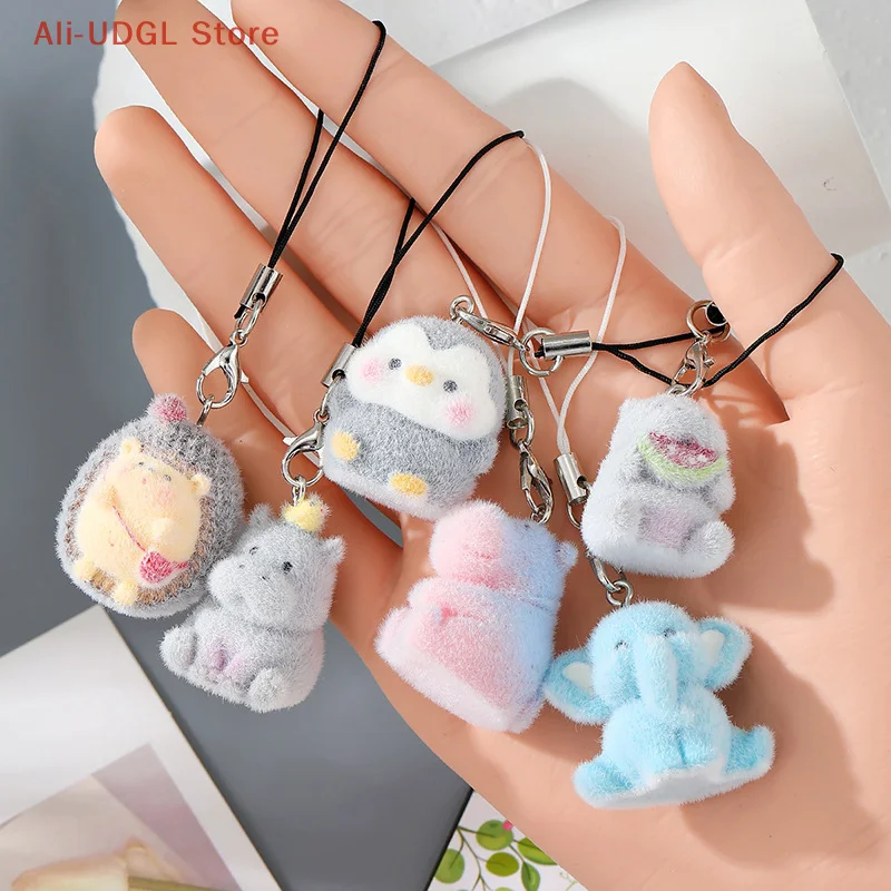 1PC Cartoon Flocking Animal Keychains Phone Lanyard Resin Cute Hexagonal Hedgehog Hippos Bag Earphone Case Pendant Girls Gift