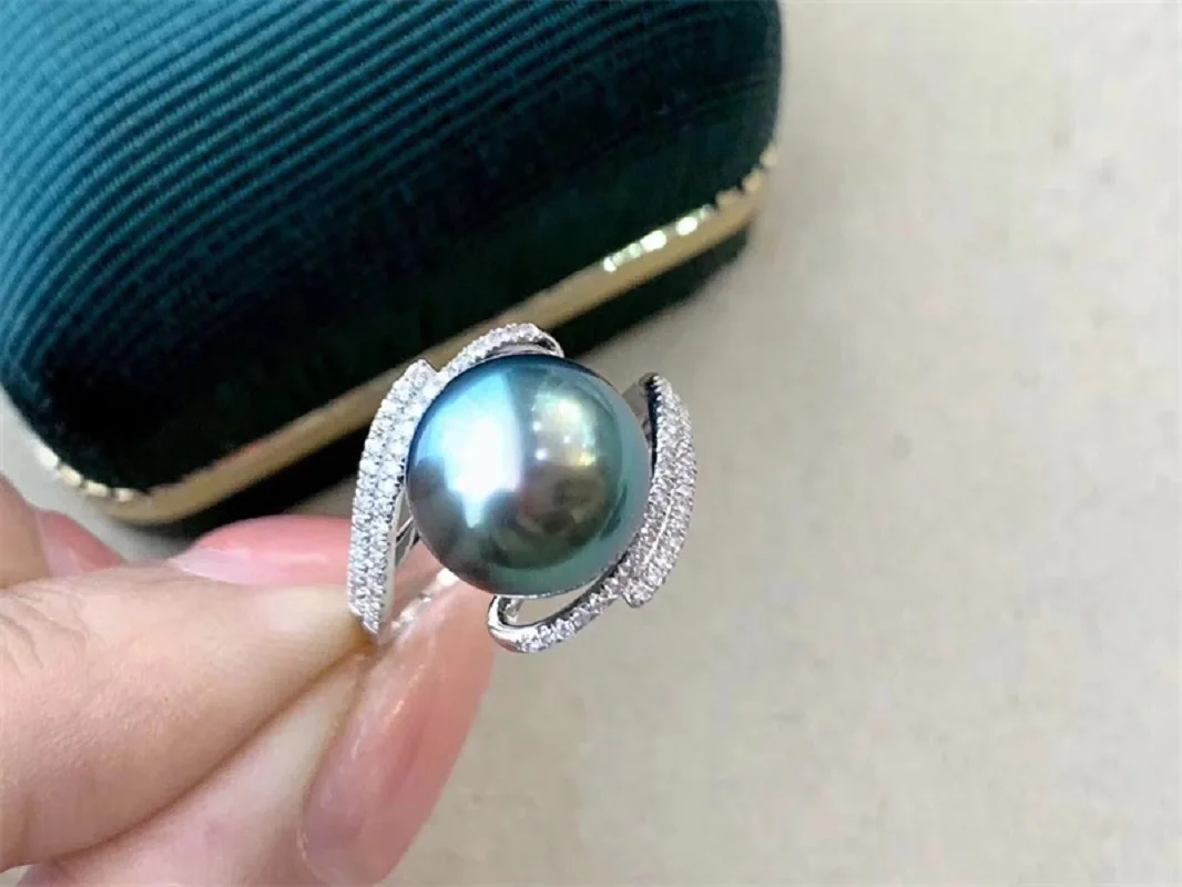AAA 10-11mm  9-10mm 11-12mm tahitian black green Rond  Shining Zircon Open  Ring Retro lace