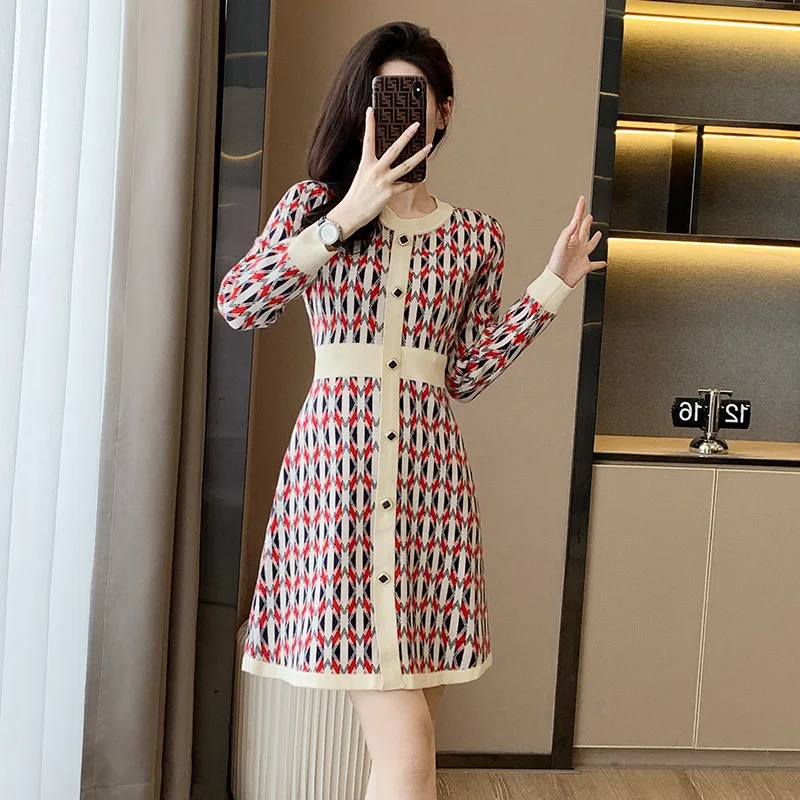 #0937 Office Plaid Sweater Dress Women Vintage A-line Dress Round Neck Buttons Slim Fit Sexy Stretch Retro Dress Spring Autumn