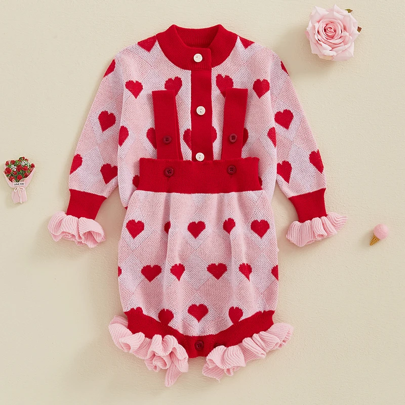 

0-24Months Infant Baby Girl Valentine's Day Outfits Heart Print Button Down Long Sleeve Cardigan Top + Knit Romper Overalls
