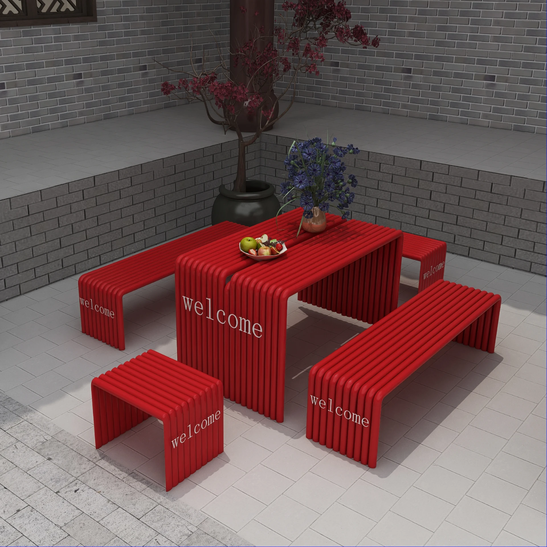 !@Modern South Korean Inspired Outdoor Wood Chair Table Set Milky Metal Internet Celebrity for Villa Courtyard Terrace Garden