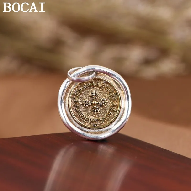 BOCAI New S925 Sterling Silver Vintage Versatile Gold Cross Shaped Pestle Disc Pendant Women's Selected Gift