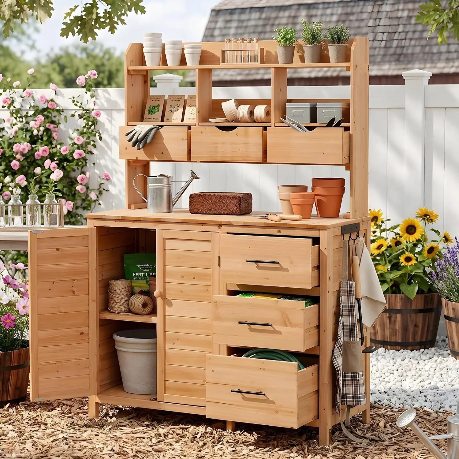 Farmhouse Patio Potting Bench with Drawers and Side Hook, Outdoor Kitchen Island with Bottom Cabinet, 44.6''x19.5'' Large Freest