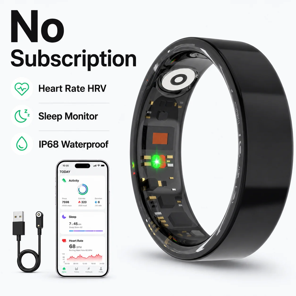 

Smart Ring Health Tracker No Subscription Heart Rate HRV Sleep Monitor IP68 Sport Ring for Android iOS