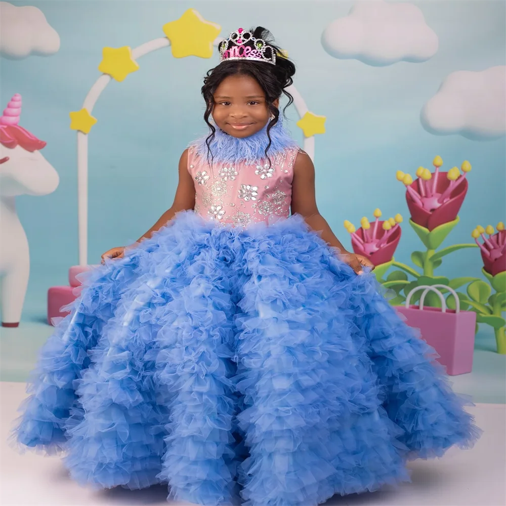 Vestidos de niña de flores con volantes de tul y plumas de lujo, falda acampanada con cuello alto de cristal, vestidos de graduación y cumpleaños escalonados para niños pequeños