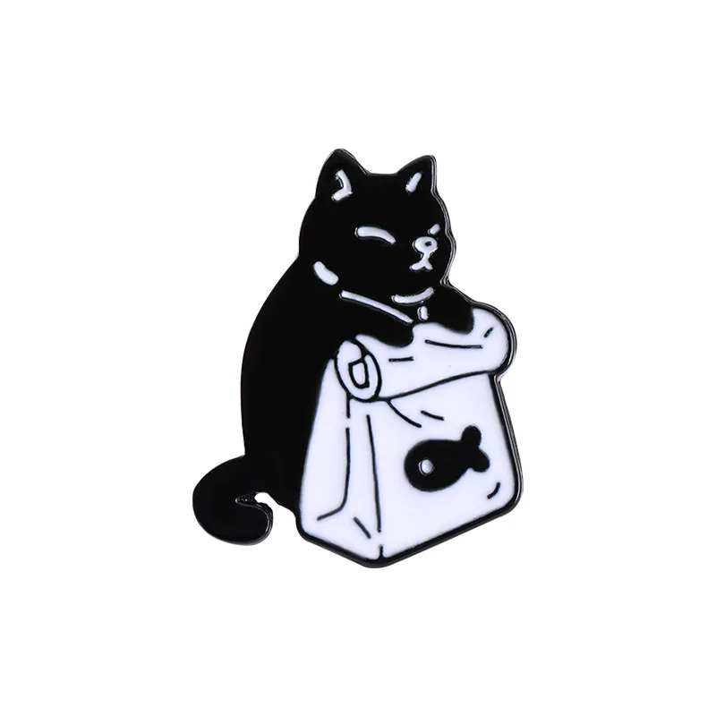 1pcs Cartoon Animal Brooch Black and White Cat Dried Fish Shape Painted Badge Versatile Clothing and Bag Decoration Brooch image 6