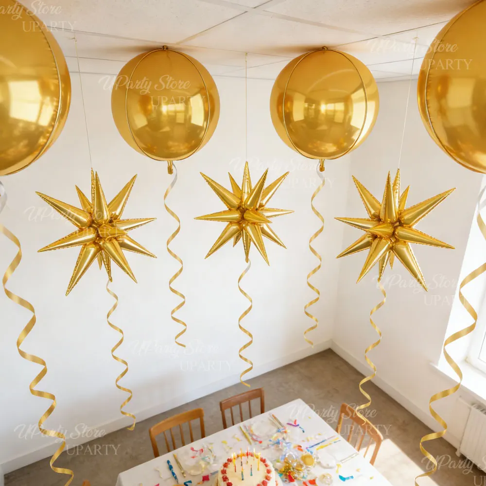 6 Stück Goldstern-Geburtstagsballons, 55,9 cm, 4D, rund, Helium, Globo Starburst Sterne, Folienballons für Hochzeitstag, Party-Dekoration – Detail 3