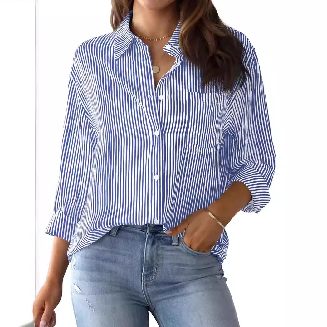 2025 New Women's Casual Shirt Comfortable Simple Striped Blue And White Classic Retro Spring And Autumn Long Sleeve Top