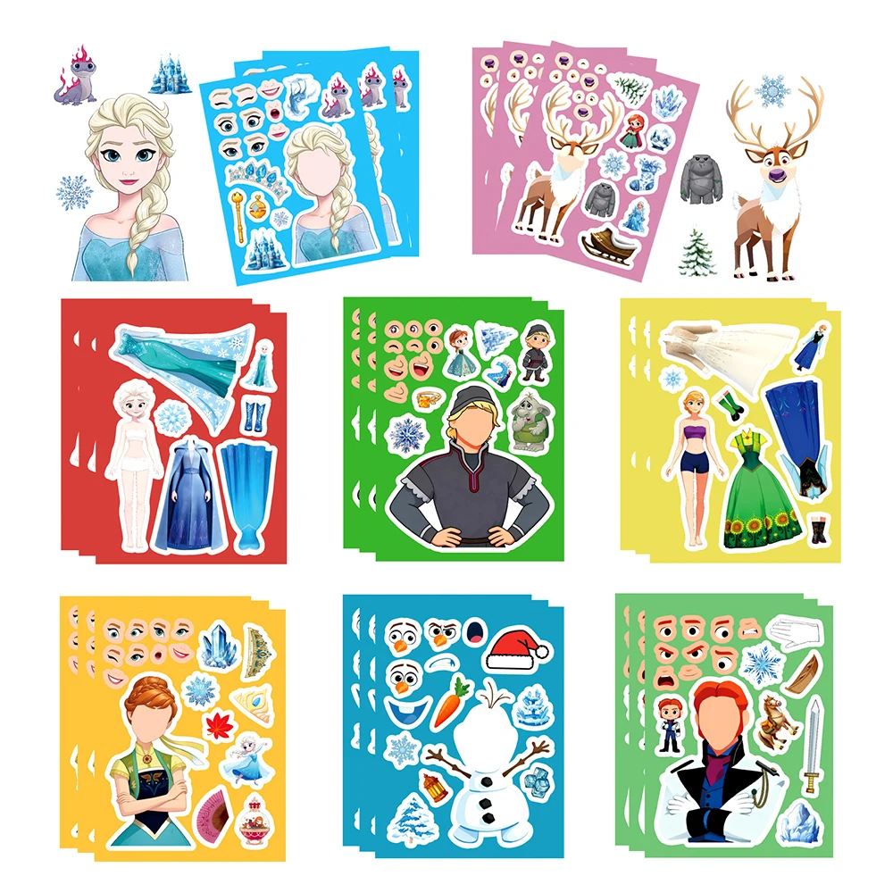 8/16 arkuszy Naklejki Puzzle Księżniczka Elsa Anna Disney Frozen Śliczne Kreskówki Zrób Minę DIY Składaj Układanka Zabawki Edukacyjne Naklejki