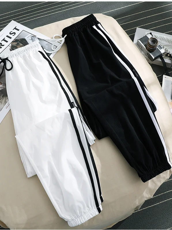 Qui Dry Ice Silk Sport Pants Women's Spring Autumn Thin Stripe Loose Cuffed Mosquito Proof Adult Cool Nine Point Casual Pants