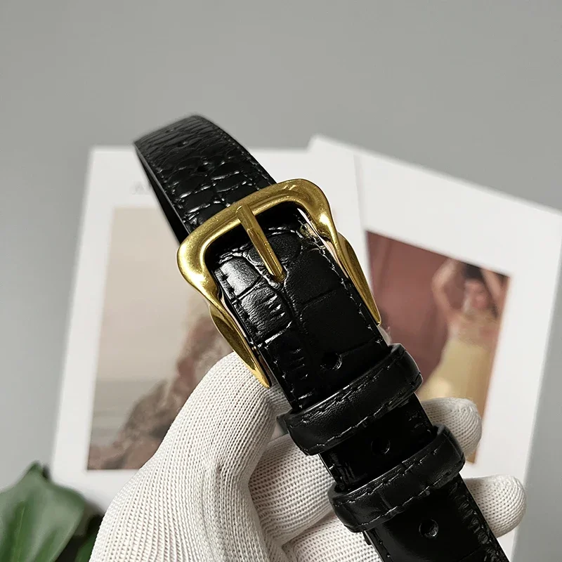 Cowhide Gold-Plated Buckle Belt Original Retro Classic Embossed Ladies Crocodile Belt Versatile Genuine Leather Trend 2.8cm Widt