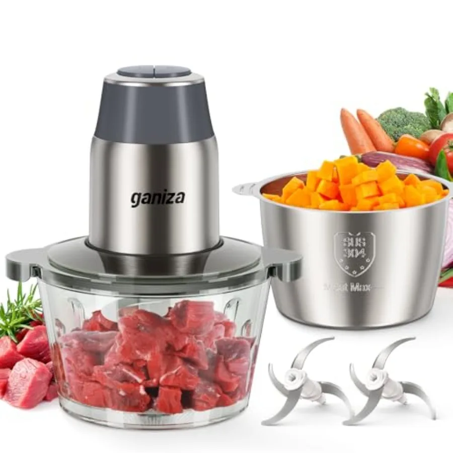

Food Processors Electric Food Chopper with Meat Grinder and Vegetable Chopper - 2 Bowls 8 Cup+8 Cup with Powerful 450W Copper M