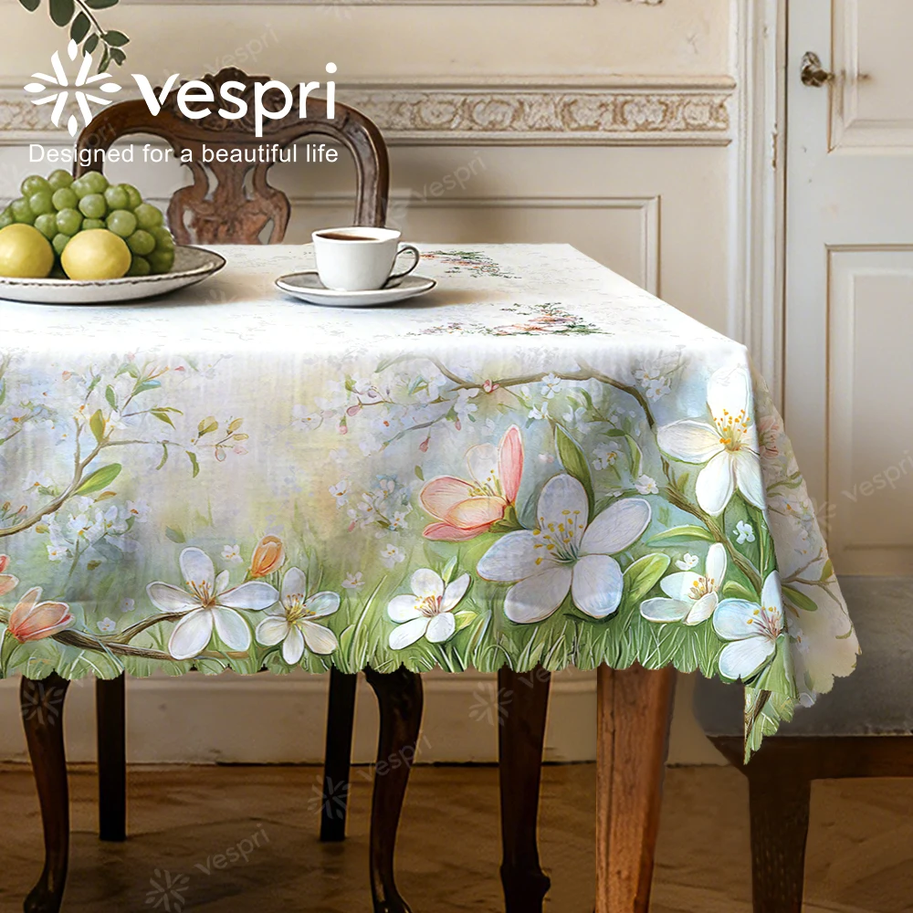 Vespri Blumen-Tischdecke Pastell Ostern Frühling Tischdecke Weiß Grün Blumen Blätter Rund Rechteckig Oval Polyester