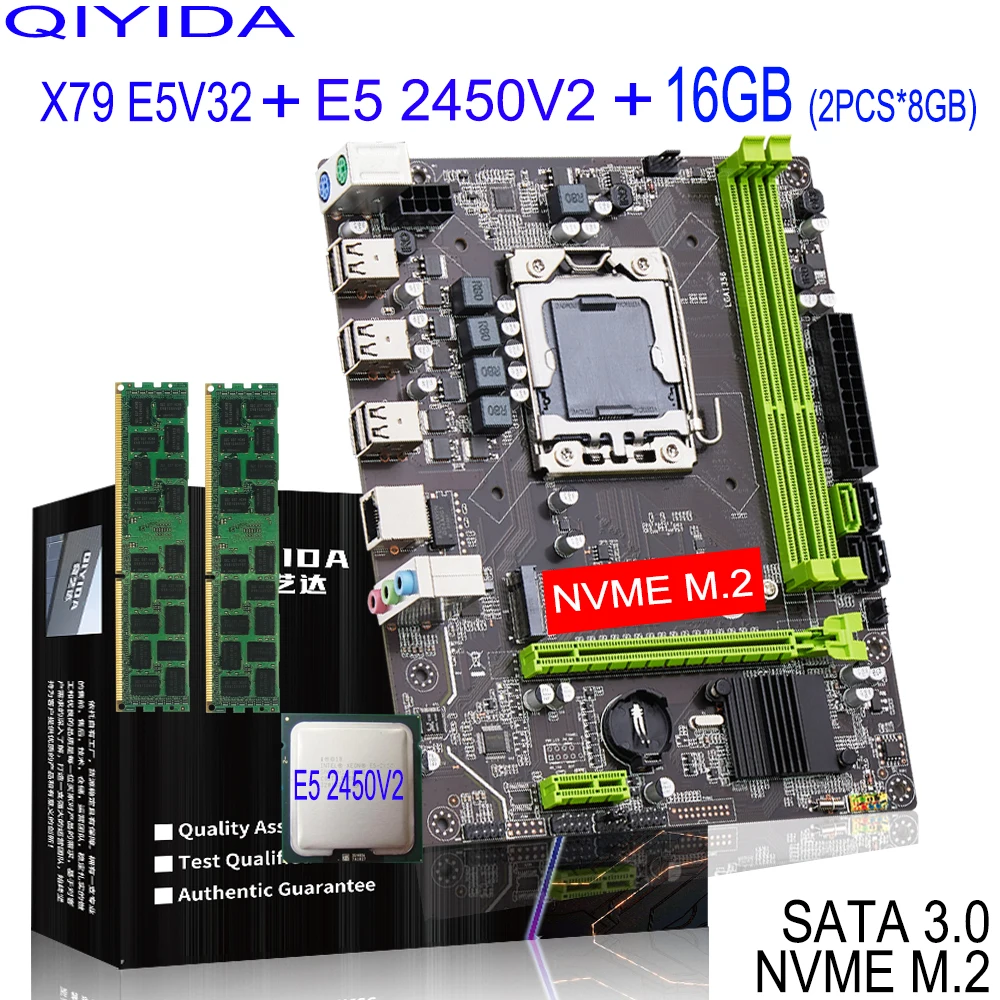 QIYIDA X79 motherboard set with LGA1356 Xeon E5 2450V2 cpu 2pcs x 8GB = 16GB DDR3 REG ECC memory ram SATA3.0 NVME M.2 X79 E5 V3