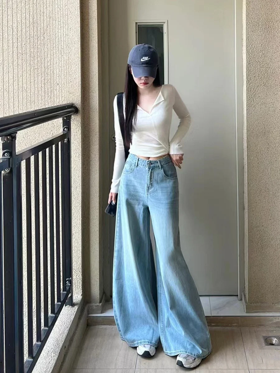 

American Retro Wide Leg Denim Skirt Pants Women's Loose Slimming Floor-Length Trendy High Waist Jeans Autumn New Style