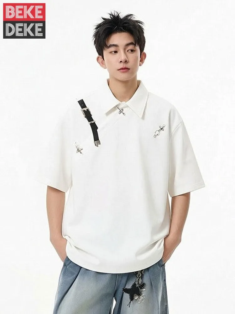 

Men Summer Casual New Turndown Collar Short Sleeve T Shirt Loose Fit Fashion Male Vintage Pullover Tees Tops Streetwear T Shirts