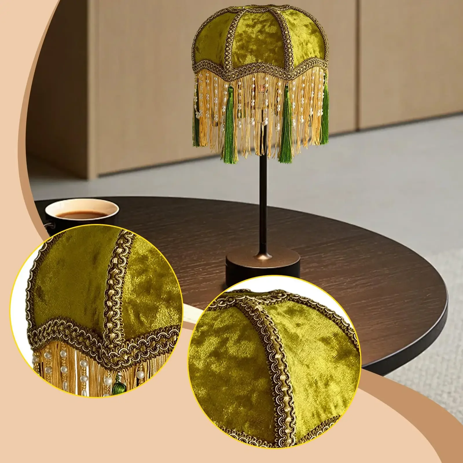 Velvet Table Lamp Shade Retro Country Olive Green Light Shade Table Floor Lamp Cover Tassel Lampshade for Restaurant Bedside