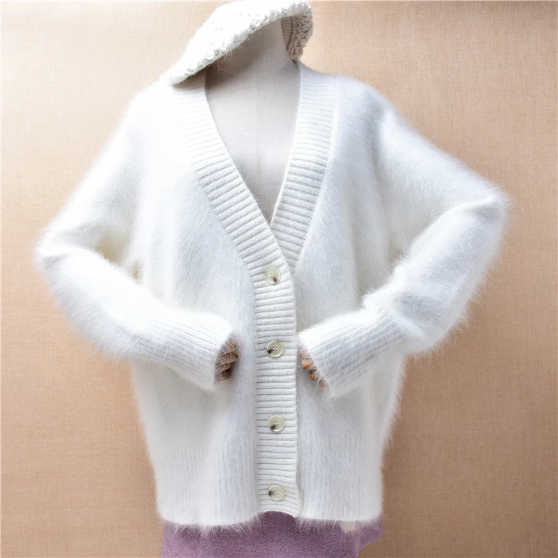 

Ladies Women Autumn Winter Clothes Hairy White Mink Cashmere Knitted Long Sleeves Angora Fur V-Neck Loose Cardigans Sweater Coat