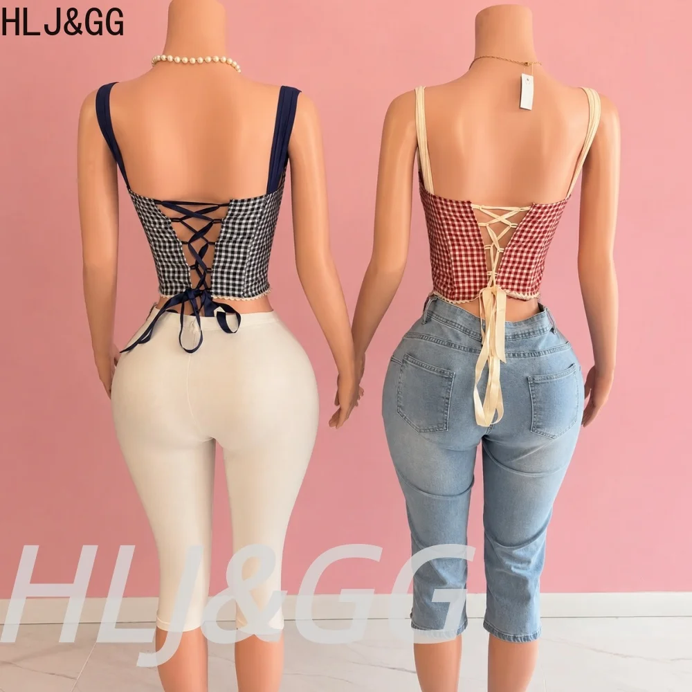 HLJ&GG Sexy Plaid Print Corset Two Piece Sets Women Spaghetti Strap Lace Slim Top And Skinny Shorts Outfit Retro 2pcs Streetwear