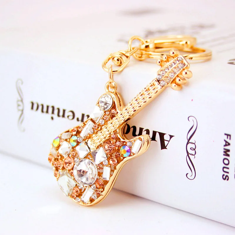 Exquisite Chic Guitar Crystal Rhinestone Keychains Purse Bag Buckle HandBag Pendant For Car Keyrings Women Key Chains K255