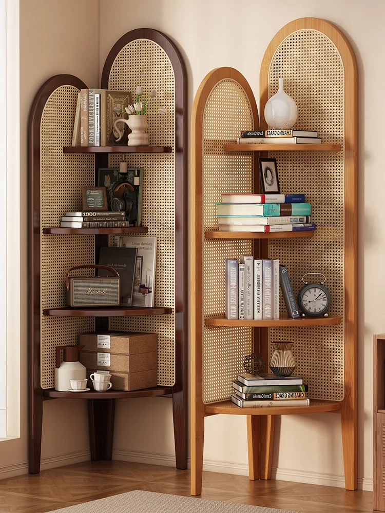 

Chinese retro rattan corner decoration shelf, living room sofa wall edge book cabinet, bedroom solid wood triple crutch screen
