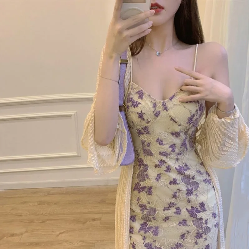 

Новинка Весна-Лето: Сексуальный комплект из двух предметов с цветочным принтом в стиле Шанель, миди, без бретелек, с защитой от солнца, из полиэстера