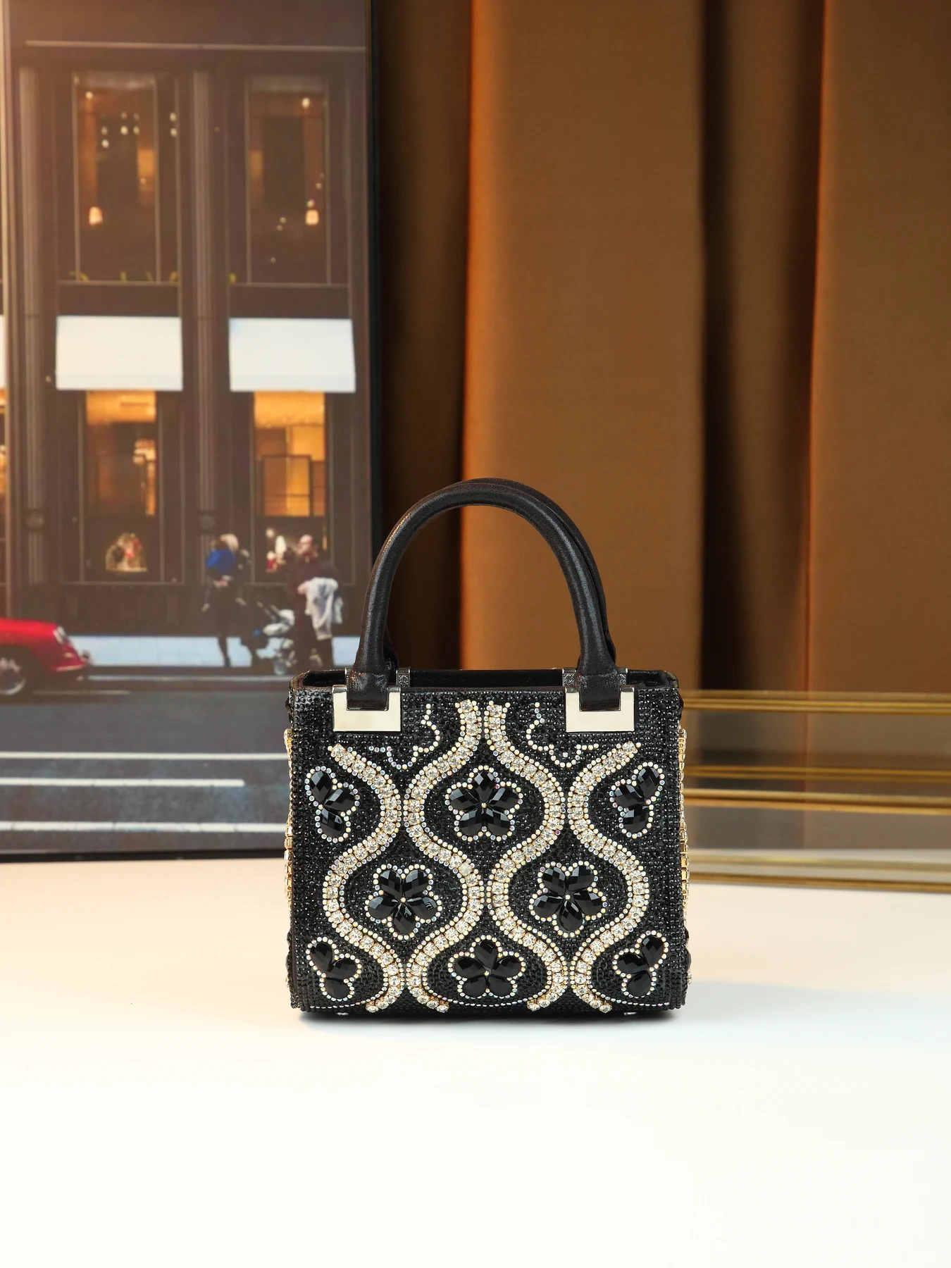 Best-selling rhinestone-encrusted floral small square bag, color-block elegant evening date handbag