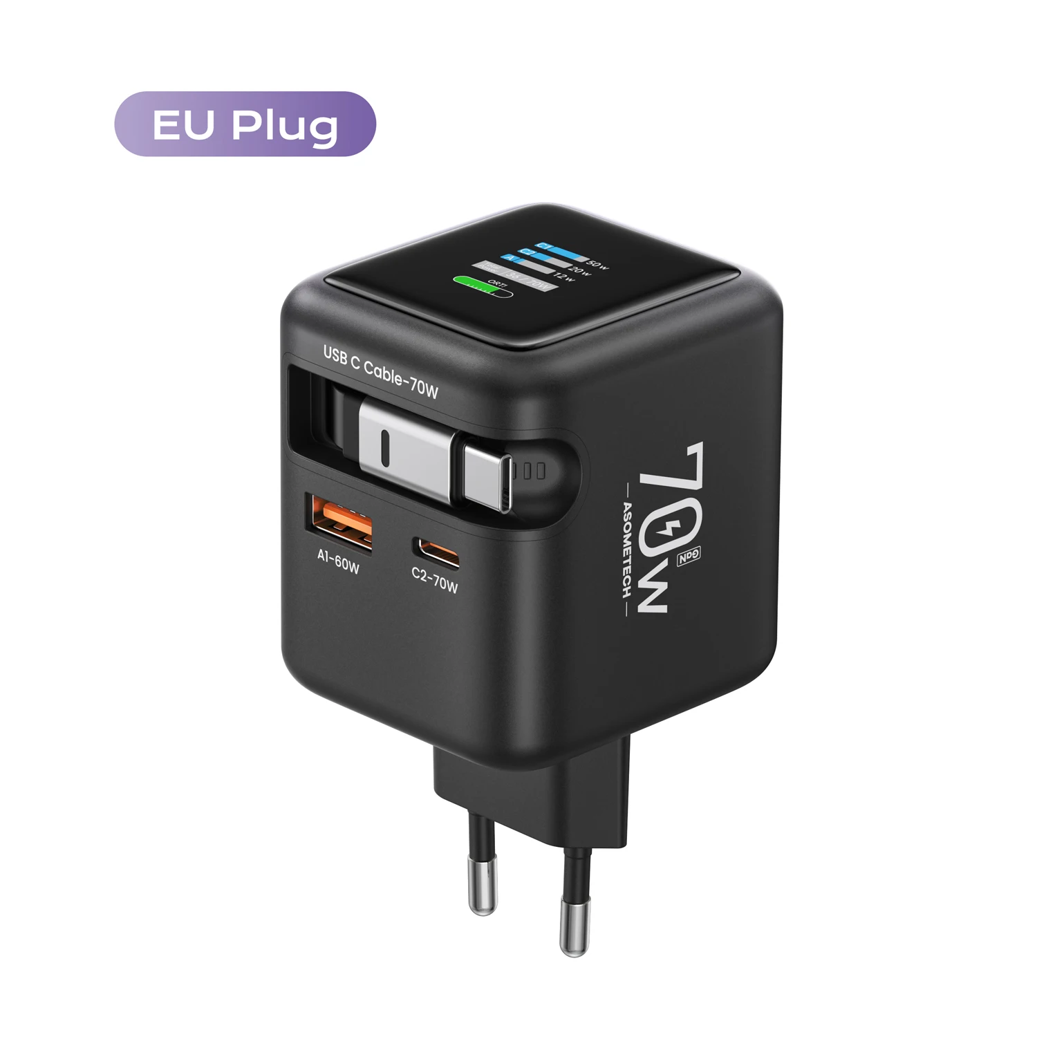 70W GaN snellader met Type-C intrekbare kabel 3 IN 1 PD3.0 QC4.0 PPS snel opladen voor IPhone 16 15 14 Xiaomi tabletlaptop