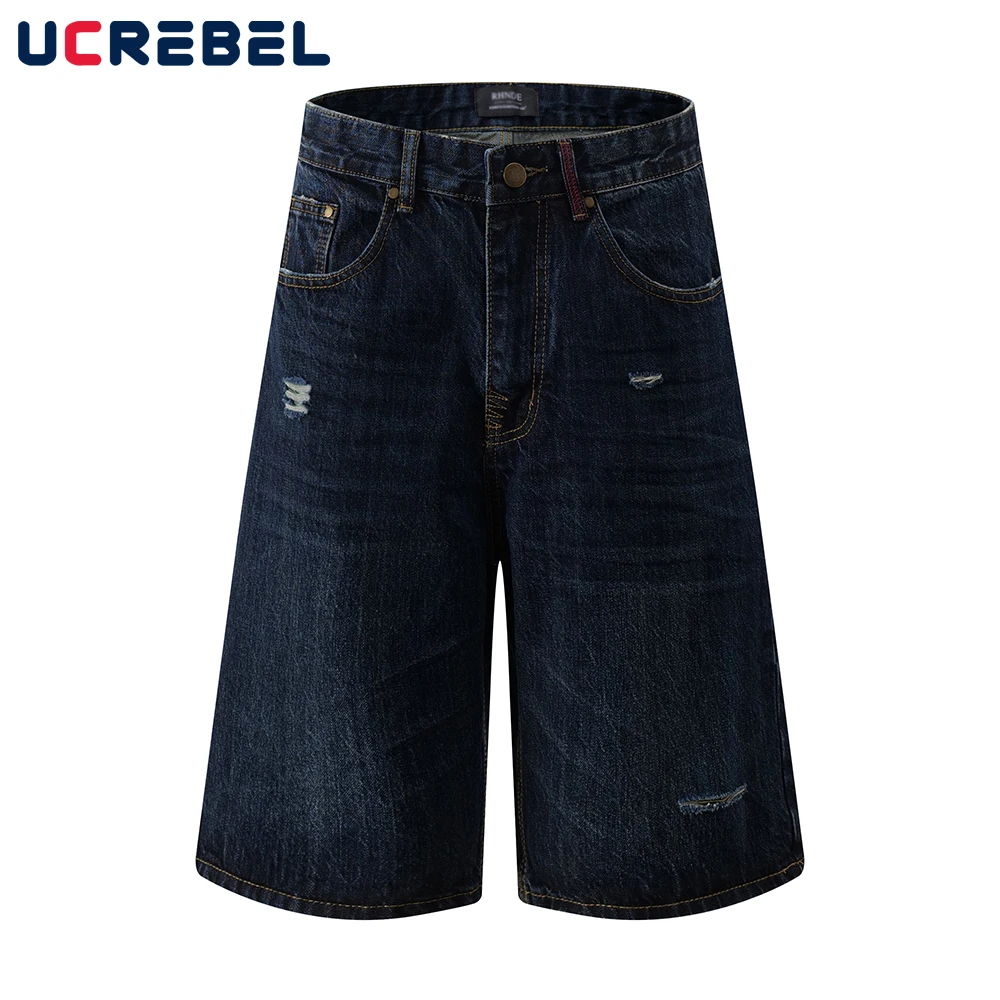

Ripped Denim Shorts Mens Retro High Street Washed Distressed Pocket Straight Wide Leg Knee-length Shorts Men